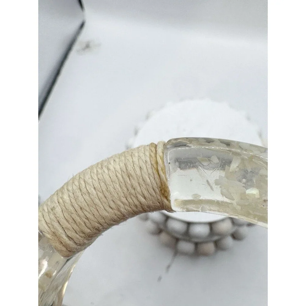 Vtg Lucite Bangle Bracelet Iridescent Inclusions Mother Of Pearl Twine Wrapped